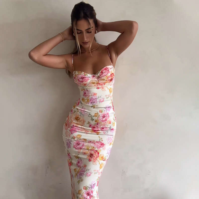 European and American Style Women's Summer New Fashion Printed Slim Sexy Backless Strap Dress C260312