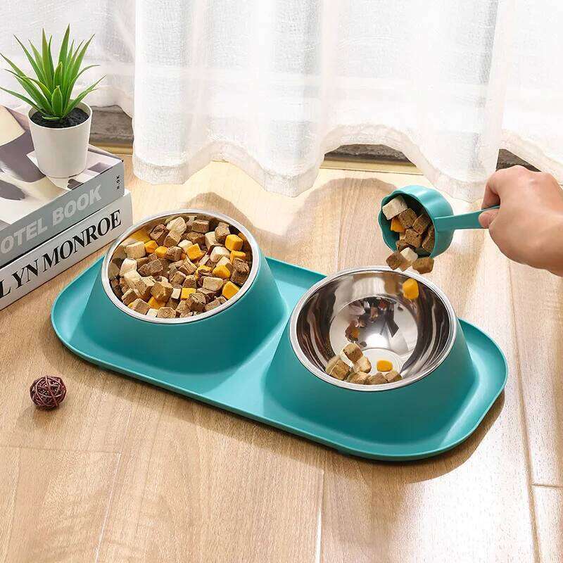 1pc Stainless Steel Double Dog Bowl Cat Food Container Non-slip Base Pet Water Feeder Tilt Safeguard Neck Puppy Cats Bowls 26Y0312
