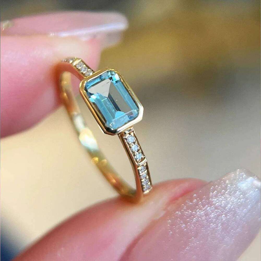 Refined S925 Sterling Silver Gold plated rectangle Aquamarine zircon Women's jewelry Casualeasiest Design Daily Ring H260312