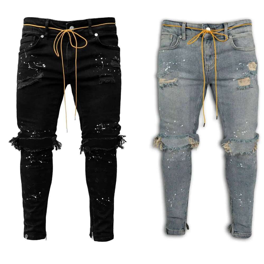 Men Long Jeans Pants Denim Pencil Pant Hole Splice Simple Slim Fit Zipper Lace Up Tight Waist Straight Trousers Autumn 26Y0312
