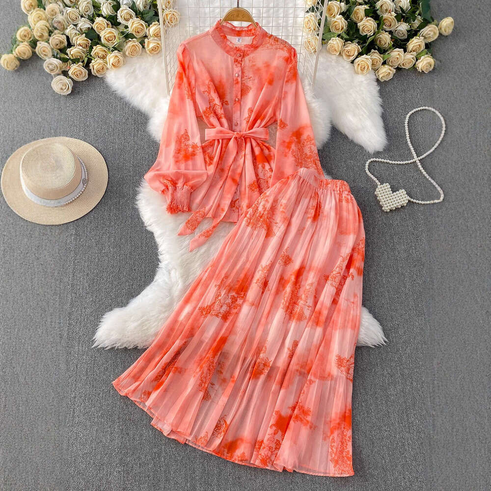 a21 2026 Designer's New Chinese Printed Elegant Stand up Collar Lantern Sleeve Women's Shirt Summer Slimming Top Skirt Set