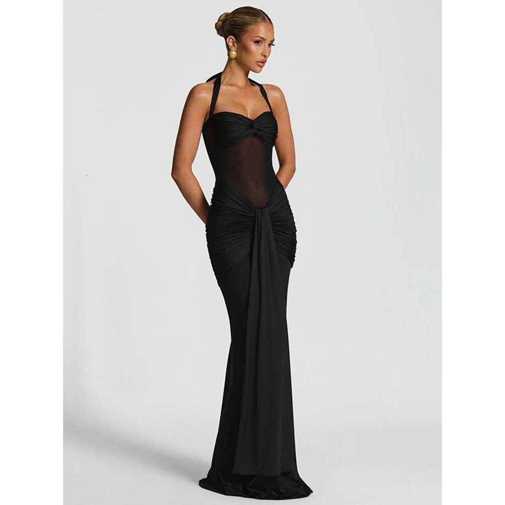 kliou Patchwork Elegant Women Maxi Dress Classic Sexy Sheer Ribbons Halter Backless Bodycon Female Trend Festival Evening Wear C260312