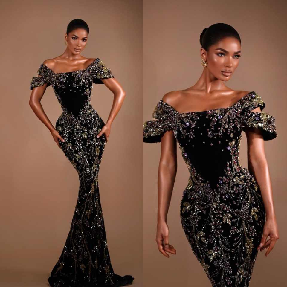Black Sparkling Crystal Evening Dress With 3D Leaf Short Sleeve Mermaid Long Party Gown Customized Luxury Prom Dresses