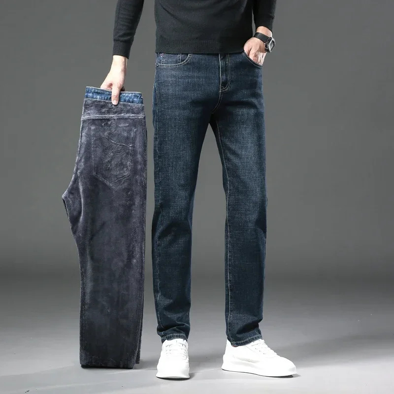 Winter Mens Fleece Jeans Straight Slim Stretch Fashion Business Denim Pants Thickened Warm Male Plush Trousers Clothes 260228