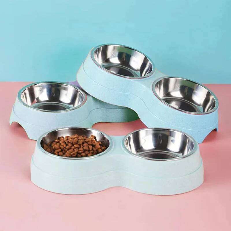 Stainless Steel Double Bowl Wheat Straw Base Dog Cats Feeder Cat Puppy Feeding Food Water Container Dispenser Pet Supplies 26Y0312