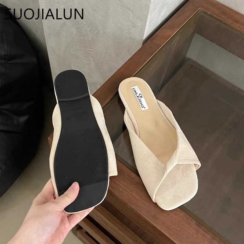 SUOJIALUN 2025 Summer New Candy Color Women Slipper Fashion Open Toe Slip On Slides Soft Flat Heel Outdoor Dress Beach Sandal K260312
