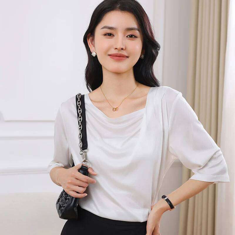 2026 Summer New T-Shirt Knitted Short Sleeve High End Acetate Fiber White Fashion Women's Top MAKOUFEI