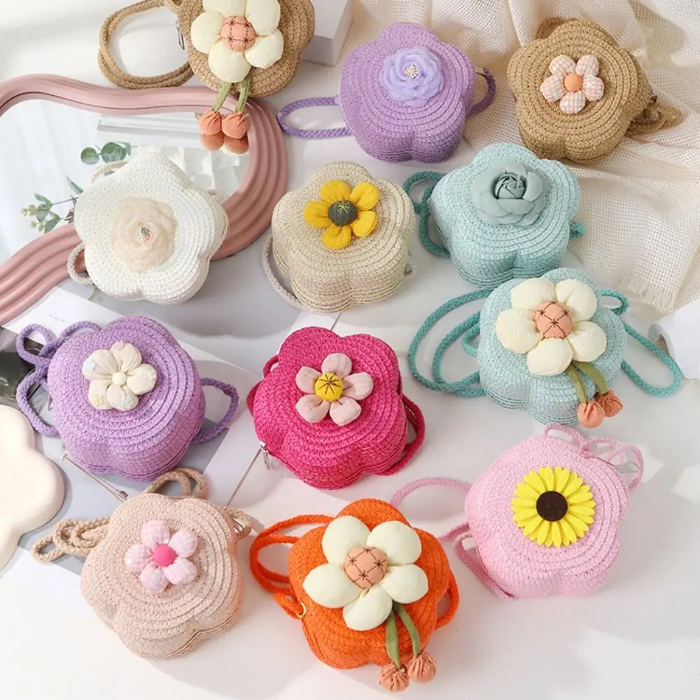 Durable Straw Crossbody Bag Flower Woven Shoulder Handbag Girls Kids 260311