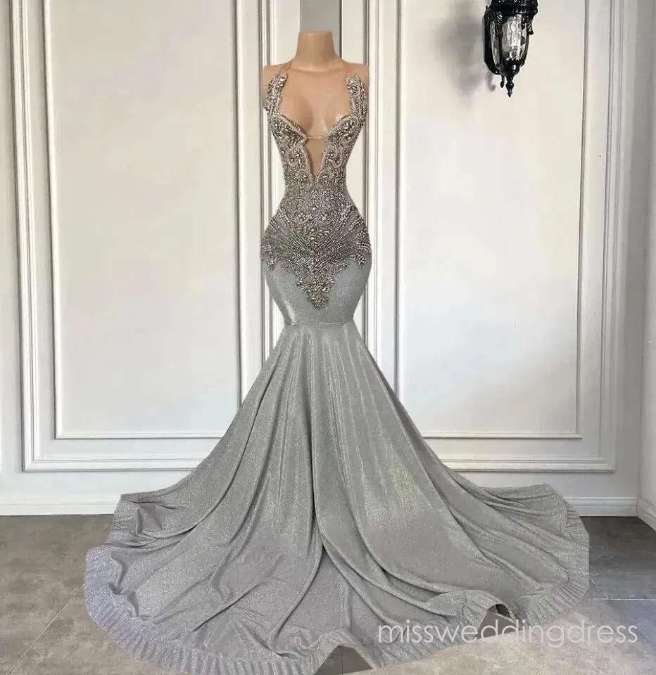 Stunning Silver Grey Mermaid prom Dresses 2026 New Sexy Spaghetti Straps Appliques Beads Long Black Girls Evening Gowns Vestidos de bal BC18437