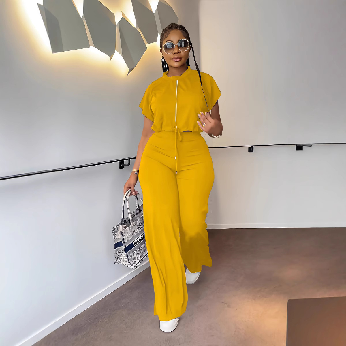 Womens Summer Drawstring Short Top and High-Waisted Slit Pants Two-Piece Set