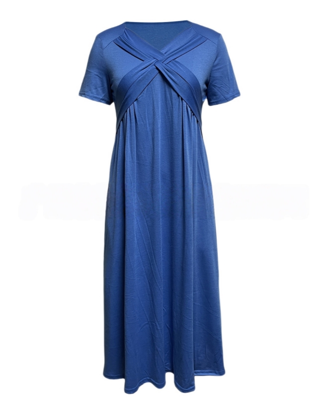 Basic & Casual Dresses 2026 Summer Solid Color Dress Fashionable And Casual V-neck Short Sleeved Mid To Long Length Dress Women's Clothing
