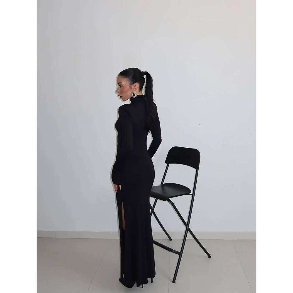 Ahagaga Sexy Sheath Women's Maxi Dresses Solid Turtleneck Regular Long Sleeves Hollow Out Slim Fit Bodycon Party Vestidos Robes C260312