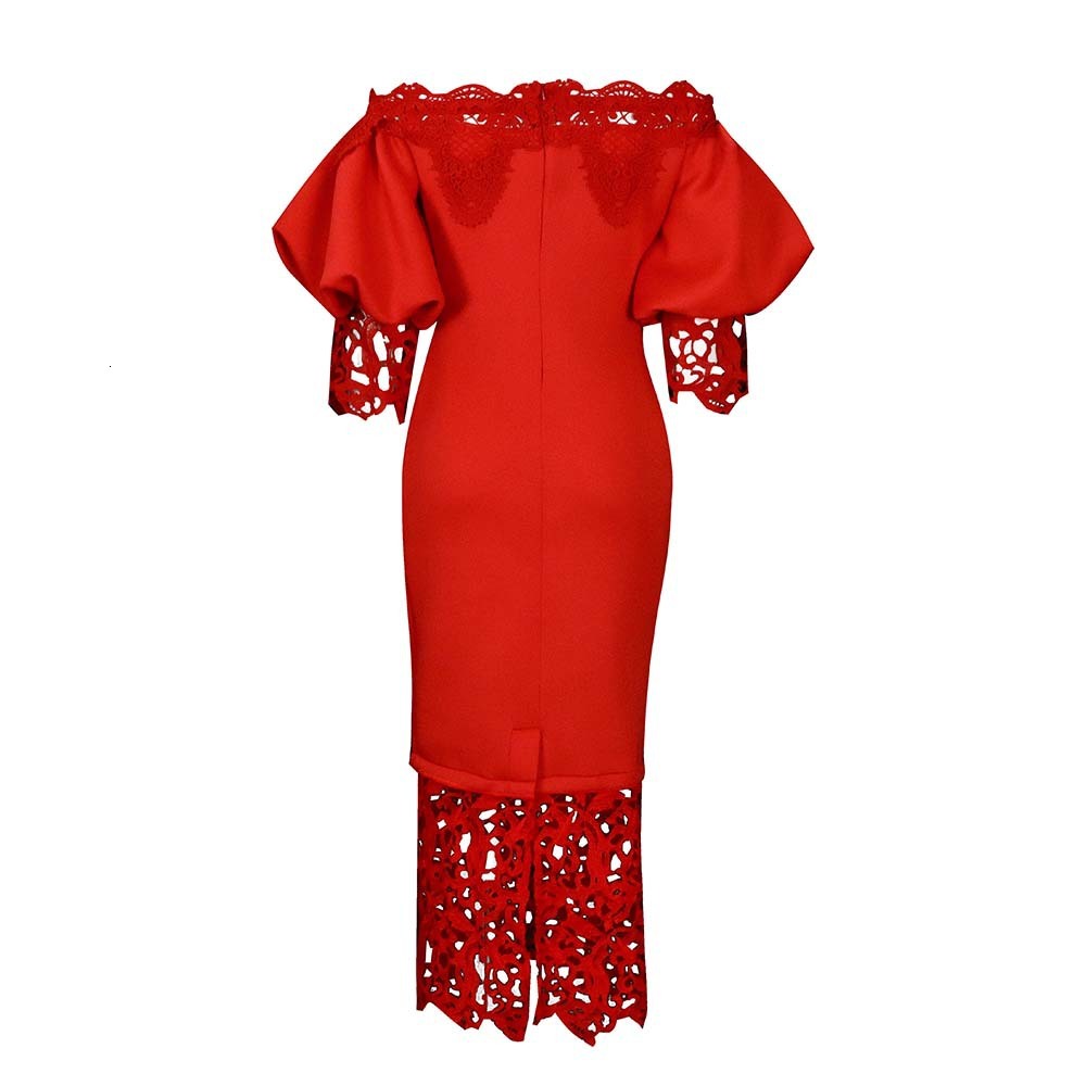 D247 New Off-Shoulder Bodycon Lace Patchwork Lantern Sleeve Dress
