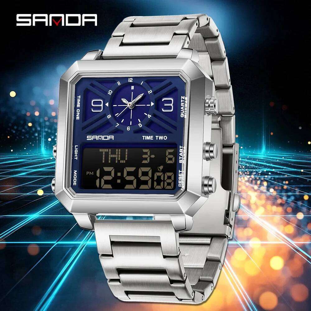 SANDA 6265 Square Display Men's Electronic Quartz Dual Movement 3ATM Waterproof Night Light Sports Business Watch
