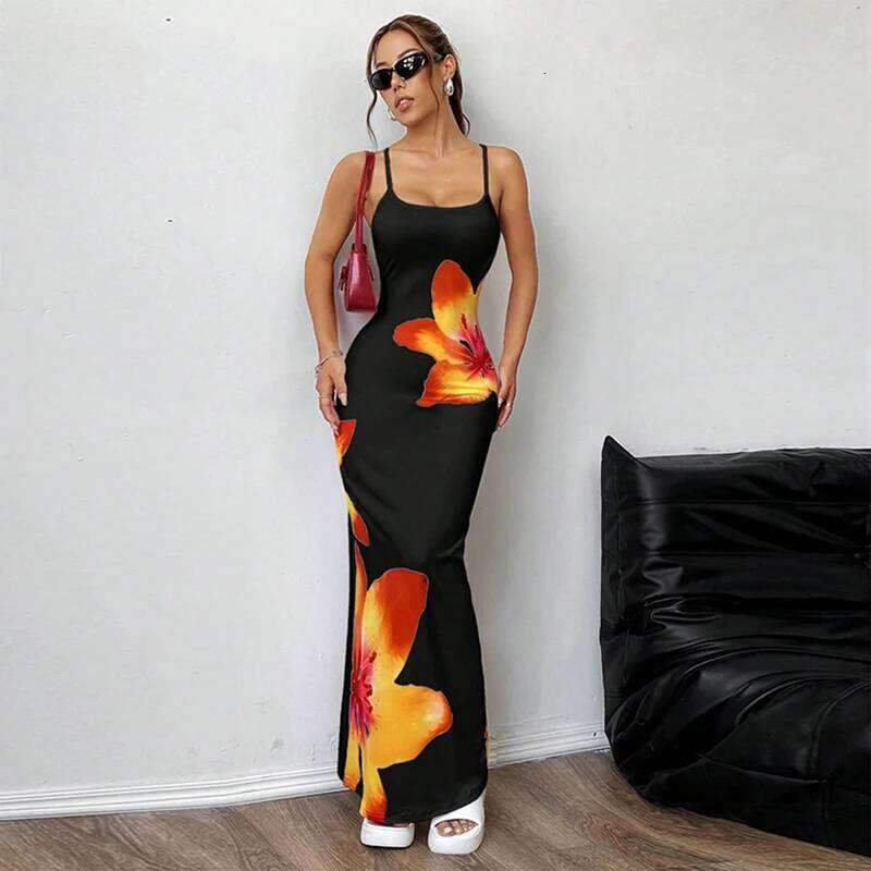 Women Summer Spaghetti Strap Casual Floral Print Bodycon Party Dress for Vacation Cocktail Beach Streetwear C260312