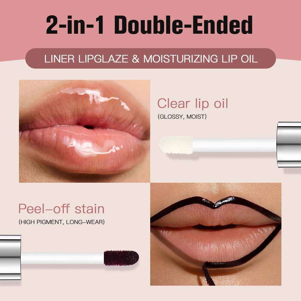 Lakerain 2 In 1 Liner Lipglaze & Moisturizing Oil Peel-off Lip Gloss Deep Hydration Waterproof Soft Lips Dual-head Design W260311