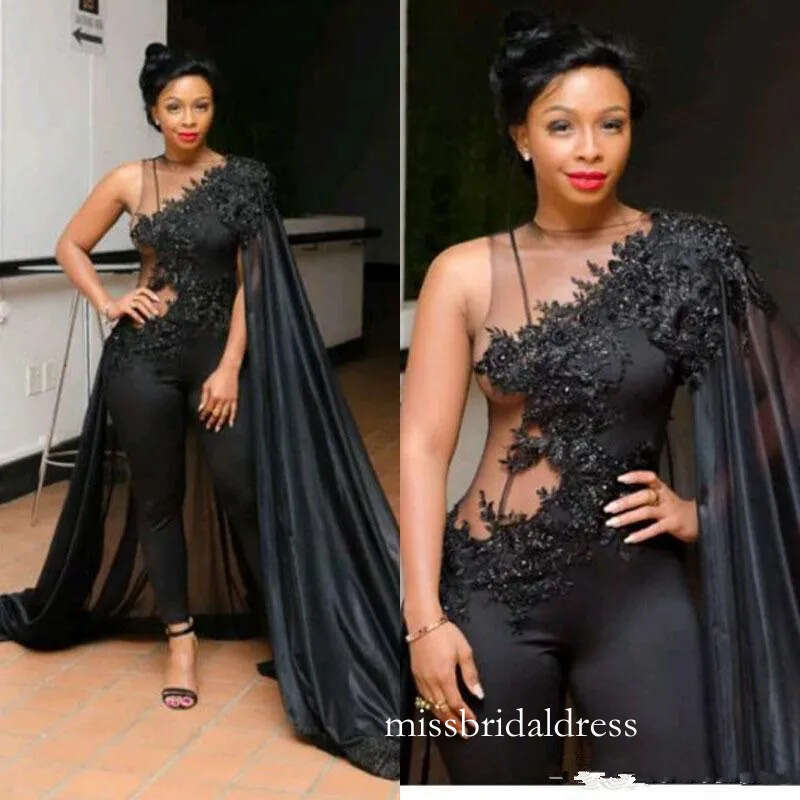 Fashion Black 2019 Jumpsuits Prom Dresses Lace Sequins Pants Suits Evening Gowns Plus Size Formal Wear Special Occasion Dress Abendkleider D0312