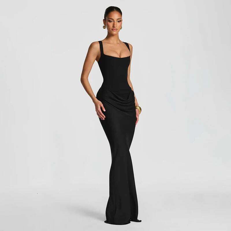 CUTENOVA Women'S New Solid Color Minimalist Square Neck Strapless Pleated Fitted Long Dress Holiday Elegant Streetwear C260312