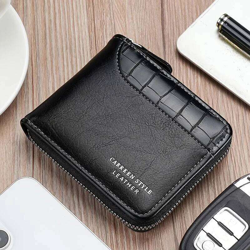 Leather Mens Wallet Luxury Mens Purse Male Zipper Card Holders with Coin Pocket Rfid Wallets Gifts for Men Money Bag
