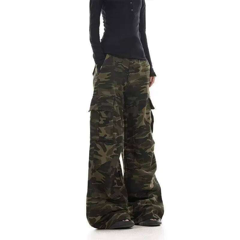 American retro washed design camouflage work pants for men and women, loose straight multi pocket wide leg casual paratroope 26Y0312
