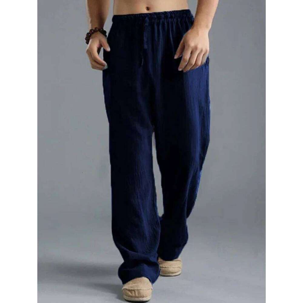 2024 New cotton long men's spring summer loose and breathable solid color linen pants casual street wear