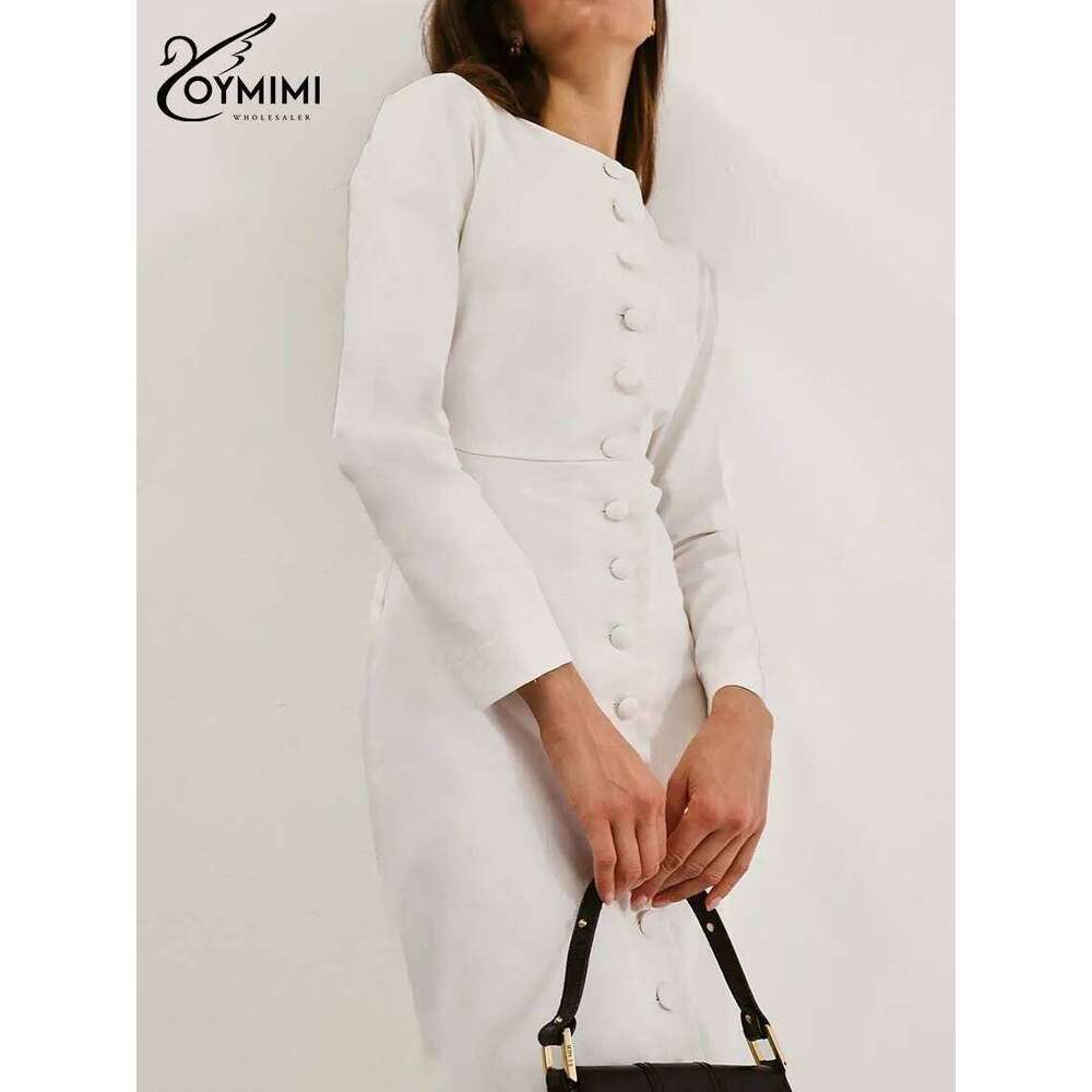 Oymimi Elegant White O-Neck Womens Fashion Wrist Sleeve Single Breasted Dresses Casual High Waisted Ankle-Length Dress C260312