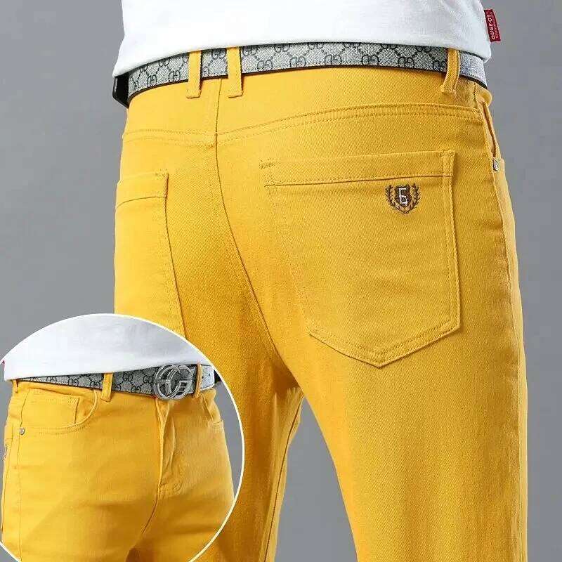 Men's Colorful Stretch Jeans New Elastic Yellow Pink Red Slim Male Clothing Simple Business Denim Trousers 26Y0312