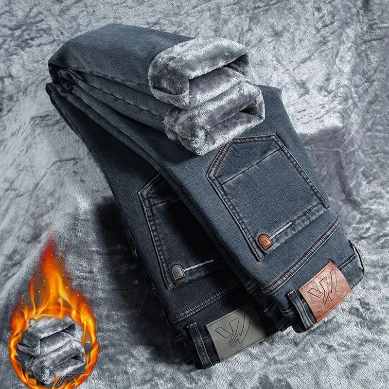 Winter Warm Mens Jeans Fleece Thickened Elastic Smoke Gray Black Business Straight Casual Denim Pants Man PlushClothes 260228