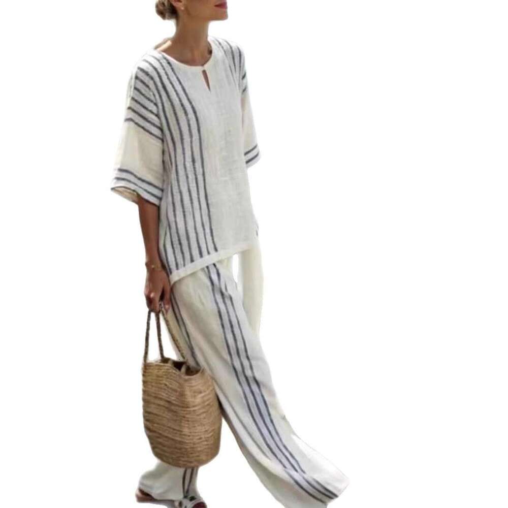 European And American Style Clothing Round Neck Striped Short Sleeve Linen Cotton Top Casual Pants Women