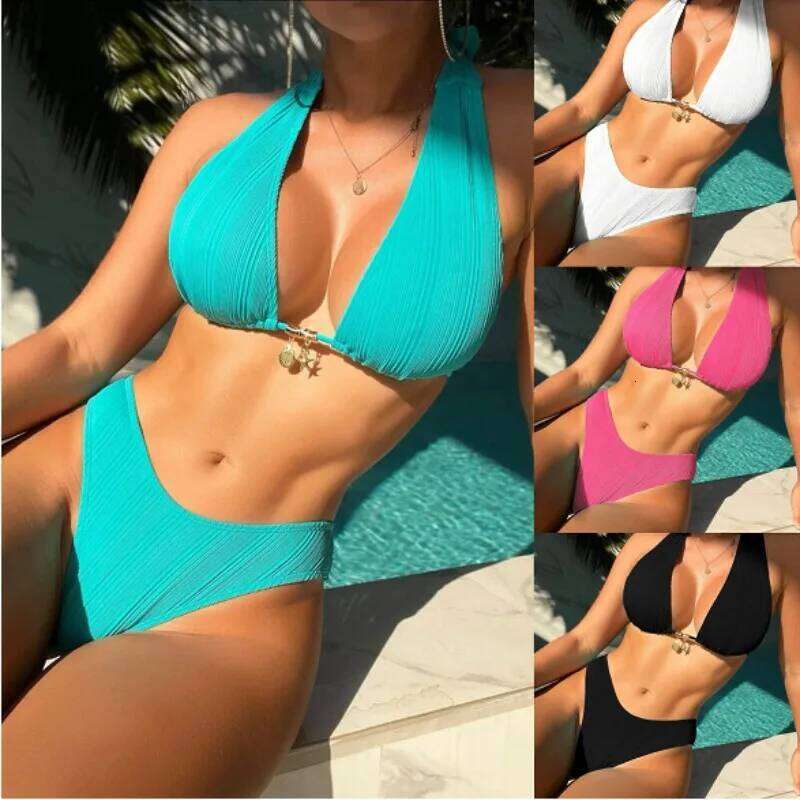 New Solid Color Neck 2025 Popular Swimsuit Bathing Suit Women Plus Size Swimwear Bikini Set Y260303
