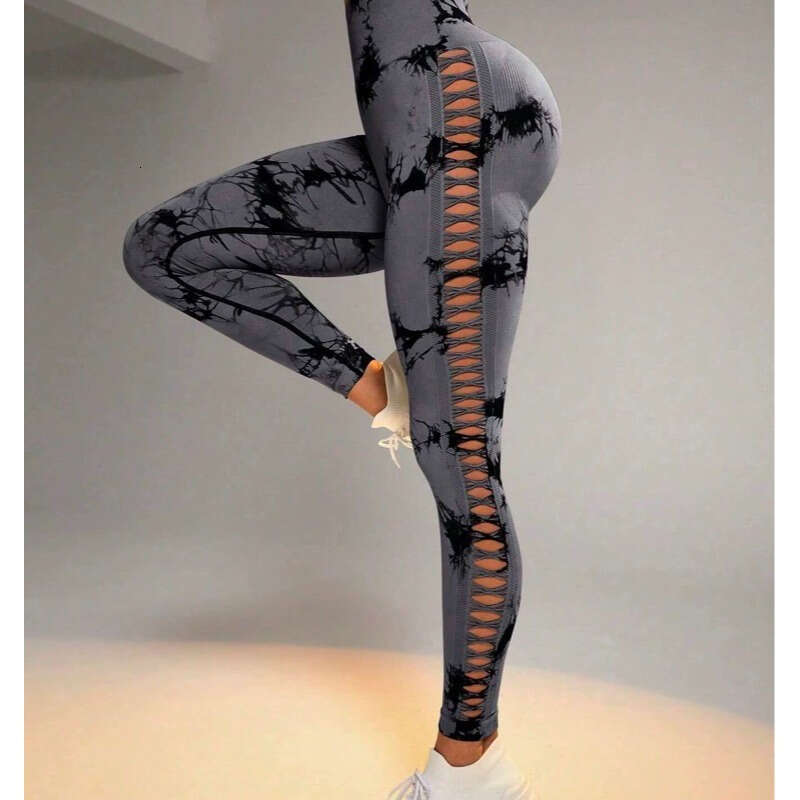 European And American Sexy Slimming Side Hollow Yoga For Women High Waist Peach Hip Sports Leggings Tie-Dye Fitness Pants WKERSIY