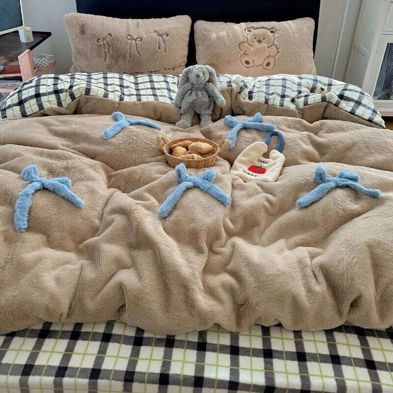 2025 winter new soft rabbit four-piece set three-dimensional bow thickened warm milk fleece duvet cover dormitory H260312