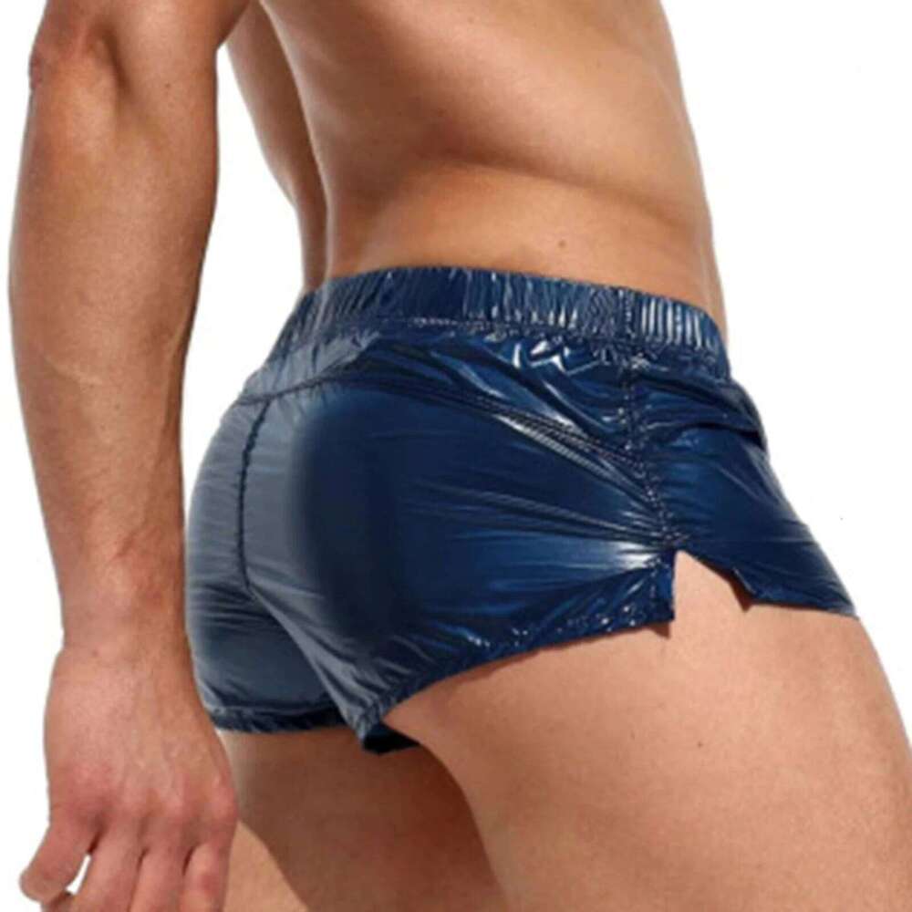Mens Glossy Swimming Trunks Low Rise Sides Slit Solid Color Slim Fit Shorts Male Swimwear Swimsuit Pool Party Nightclub Costume Z260312