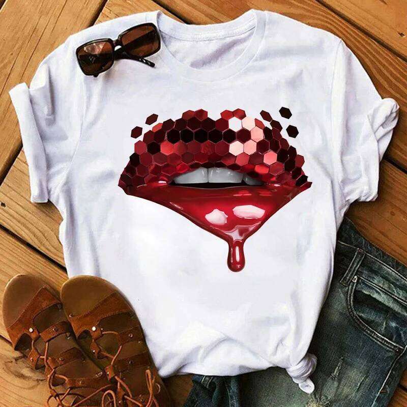 Sequins Shiny Lip Print T Short Sleeve O Neck Loose Women Tshirt Ladies Tee Shirt Tops Clothes Camisetas Mujer Z260312
