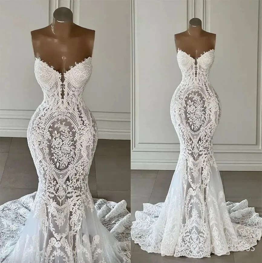 Lace Wedding Vintage Mermaid Dresses Sexy Strapless Open Back Vestidos De Novia Country Western Court Train Slim and Flare Trmpet Plus Size Boho Brida