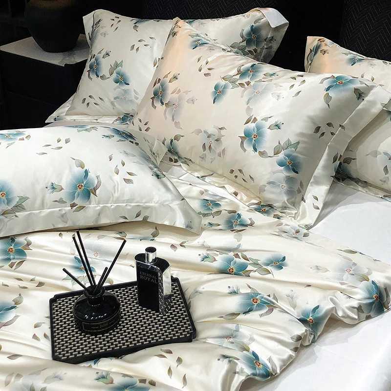 High End Mulberry Silk Bedding Set Floral Printed Luxury Satin Duvet Cover Set with Sheets and 2 Pillowcases King Queen SizeT260312 - view 4