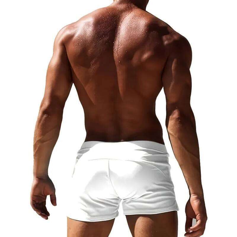 Stretchy Nylon Elastane Men's Quick-Dry Swim Trunks with Zipper Pocket - Solid Color, Drawstring Waistband for Beach & Pool Z260312
