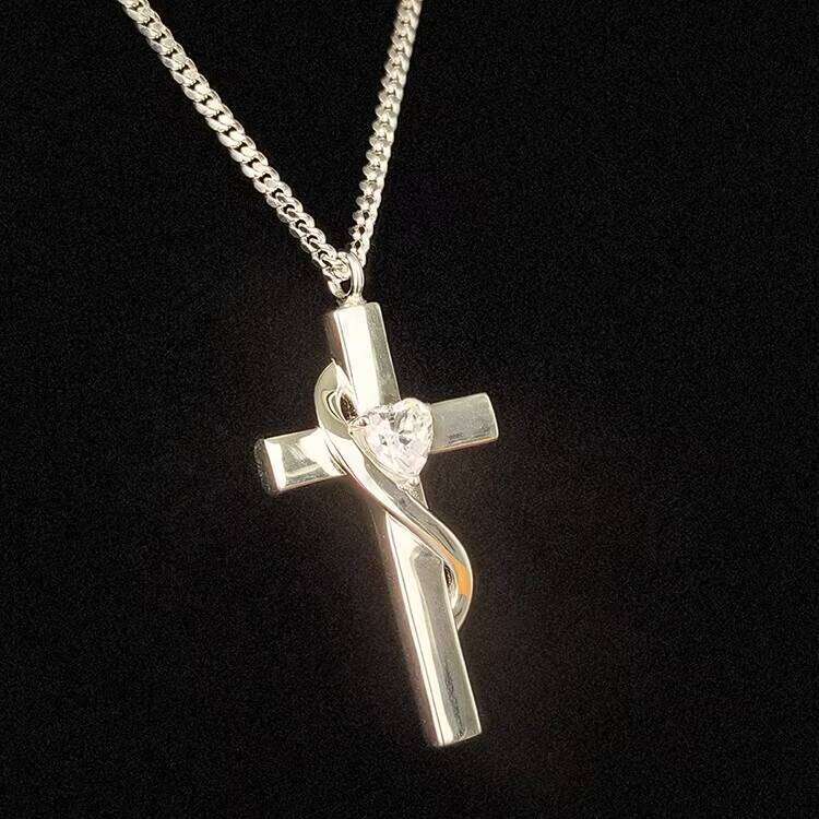 Rhodium Plated Heart Cut Sier Christian Jesus Chain Moissanite Cross Pendant Necklace