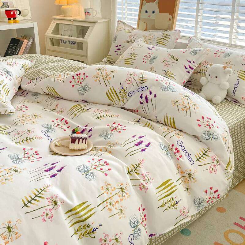 Simple Flower Quilt Cover Bed Sheet Four-piece Washed Cotton Bedding College Dormitory Three-piece Set Warm Home H260312