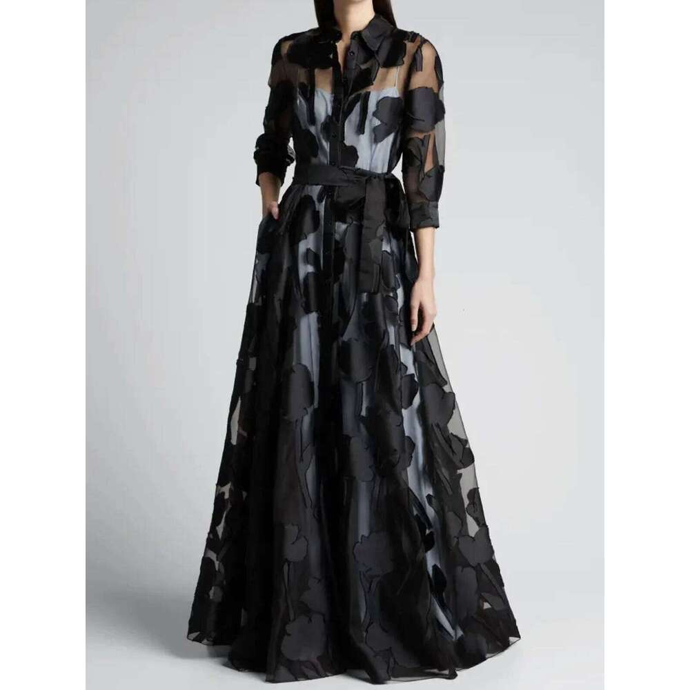 Fashion Autumn for Women Polk Dot Turn Down Collar Transperant 3/4 Sleeve Elegant Casual Vintage A-Line Long Dress C260312