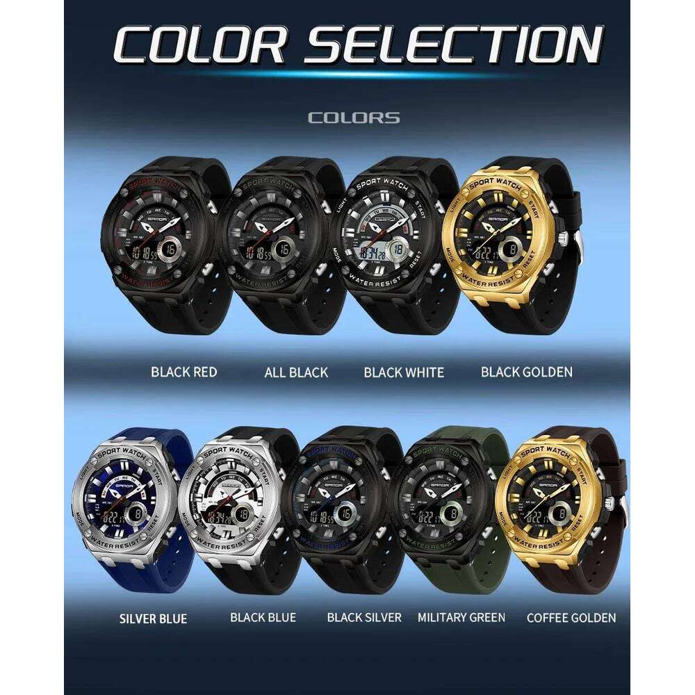 SANDA New 3190 Dual Display Sports Multi functional Waterproof LED Night Light Men's Electronic Watch