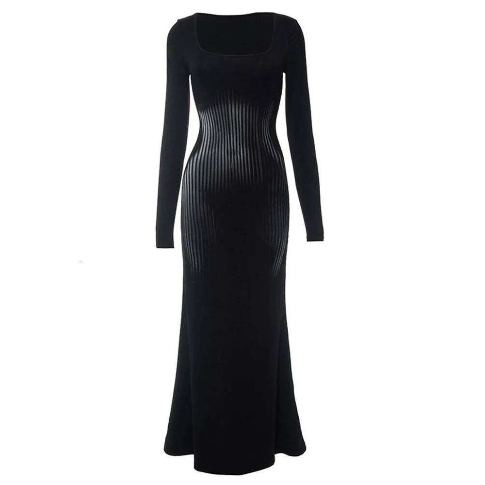 Women's square neck high waisted abstract sexy striped long sleeved dress with casual print and wrapped buttocks fishtail skirt C260312