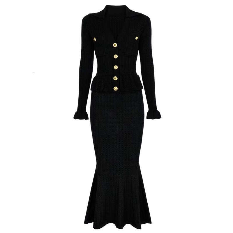 2026 Spring and Summer a22 Elegant Social Dress Thin Hollow Knitted Collar Top with Ruffle Sleeves and Fitted Fishtail Skirt Set