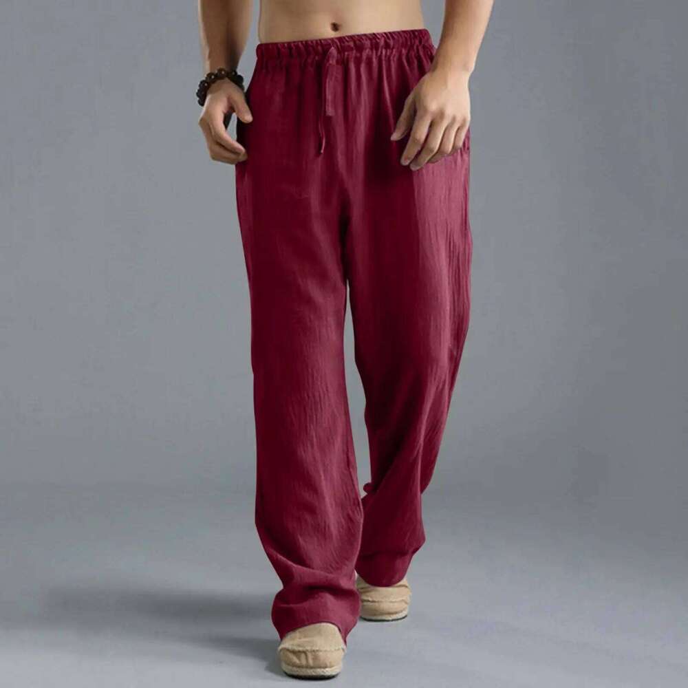 2024 New cotton long men's spring summer loose and breathable solid color linen pants casual street wear