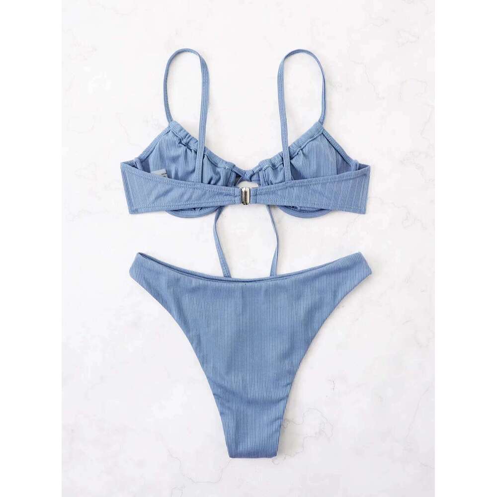2025 Push Up Bikini Women Rib Tie Front Swimsuit Sexy Underwire Swimwear Female Bathers Bathing Swimming Suit Summer Beachwear Y260303