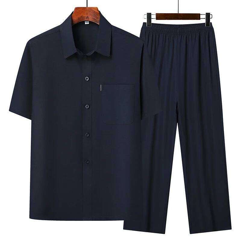 Top + Pants Summer Leisure All Match Middle-aged and Old Dad Men Fashion Trend Grandpa Loose Lapel Half-sleeve Shirt Set