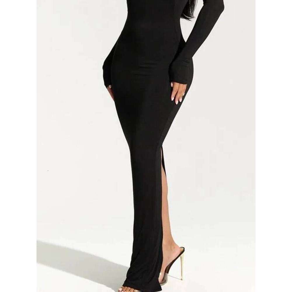 Spring Fashion Women's Black Split Evening Irregular Neck Long Sleeve Slim Dress Solid Color Elegant Bodycon C260312