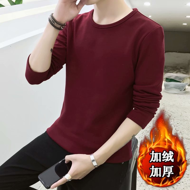 New Winter Round-neck 200g Fleece Long-sleeve T-shirt For Teenagers Solid Designer Hoodie Color Casual Versatile Warm Base Shirt Trendy