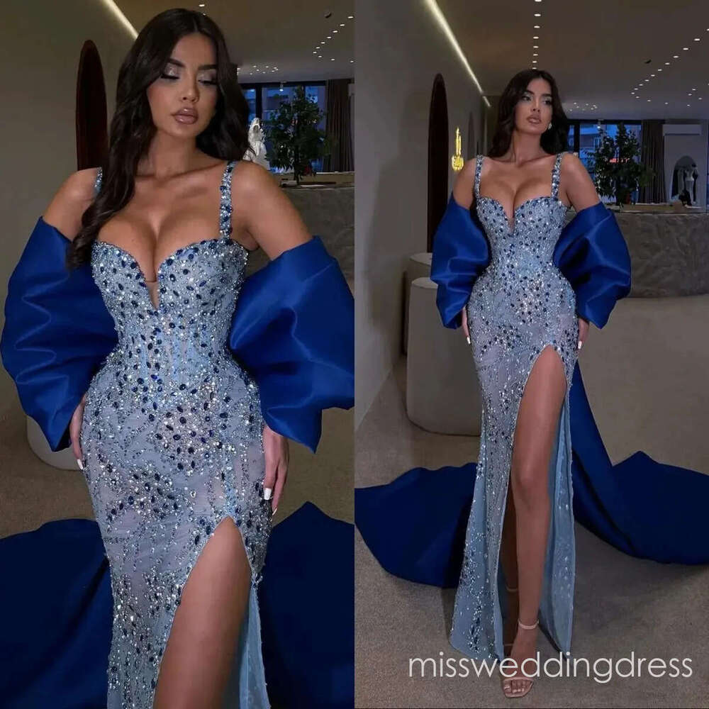 Glamorous Evening Dresses Crystal Spaghetti Straps Prom Dress Detachable Train Side Split Customized Party Gowns Vestidos De Noche Plus Size