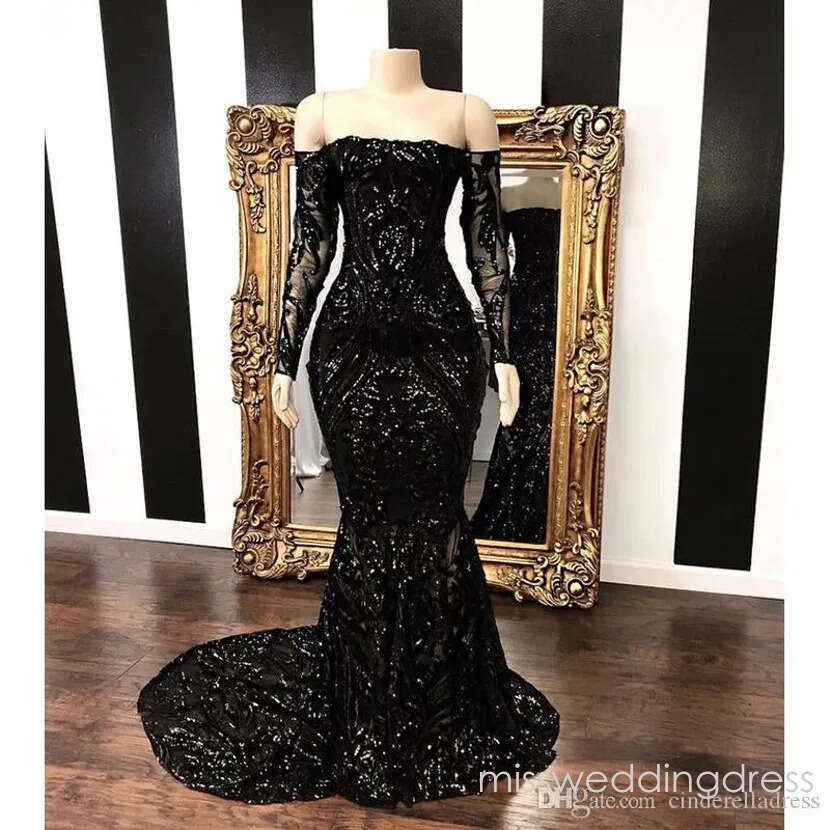 Luxury Black Off The Shoulder Sequins Mermaid Prom Long Sleeves Floor Length Formal Party Celebrity Dresses BC1422